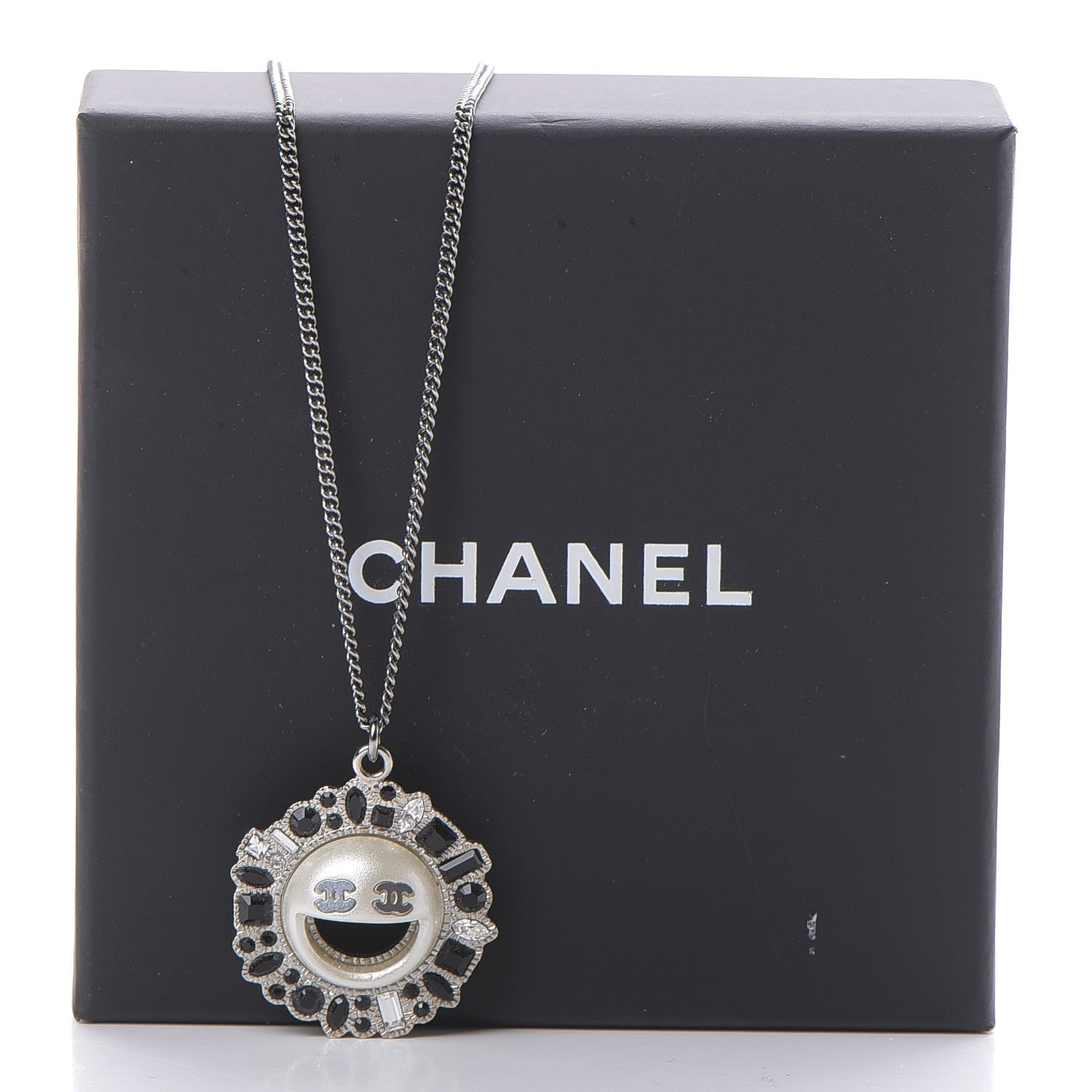 Chanel Crystal CC Smiley Emoji Pendant Necklace Silver Black 3 of 5