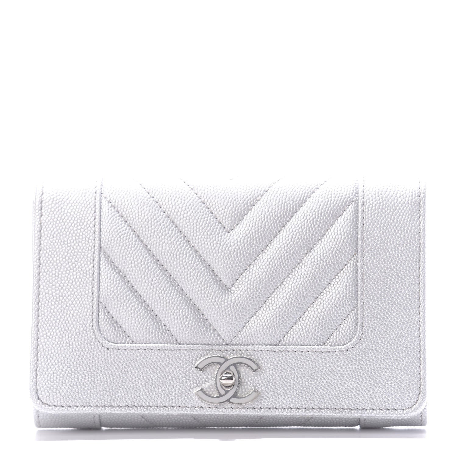 Chanel Metallic Caviar Chevron Quilted Mademoiselle Vintage Flap Wallet Silver 1 of 14
