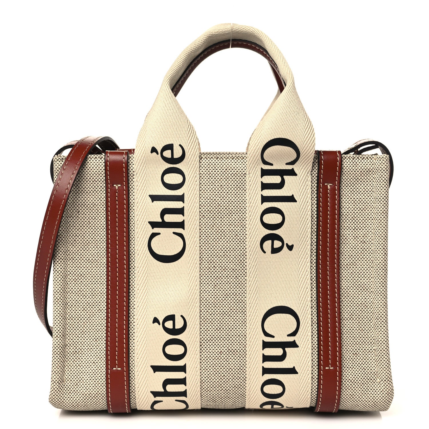 Chloe Cotton Calfskin Small Woody Ribbon Tote With Strap White Brown 1 of 7