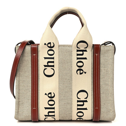 Chloe Cotton Calfskin Small Woody Ribbon Tote With Strap White Brown 1 of 7