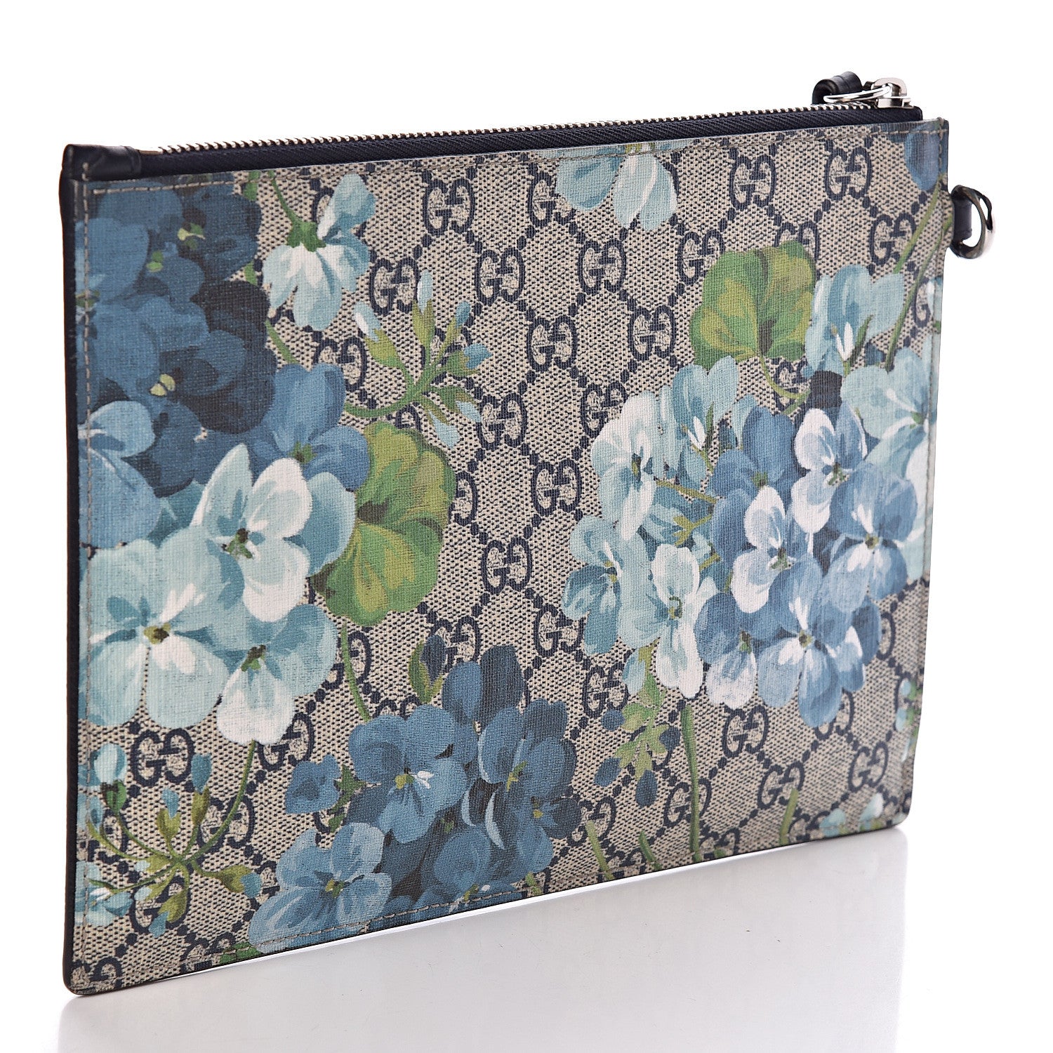 Gucci GG Supreme Monogram Blooms Small Zip Wristlet Pouch Beige Blue Black 3 of 7