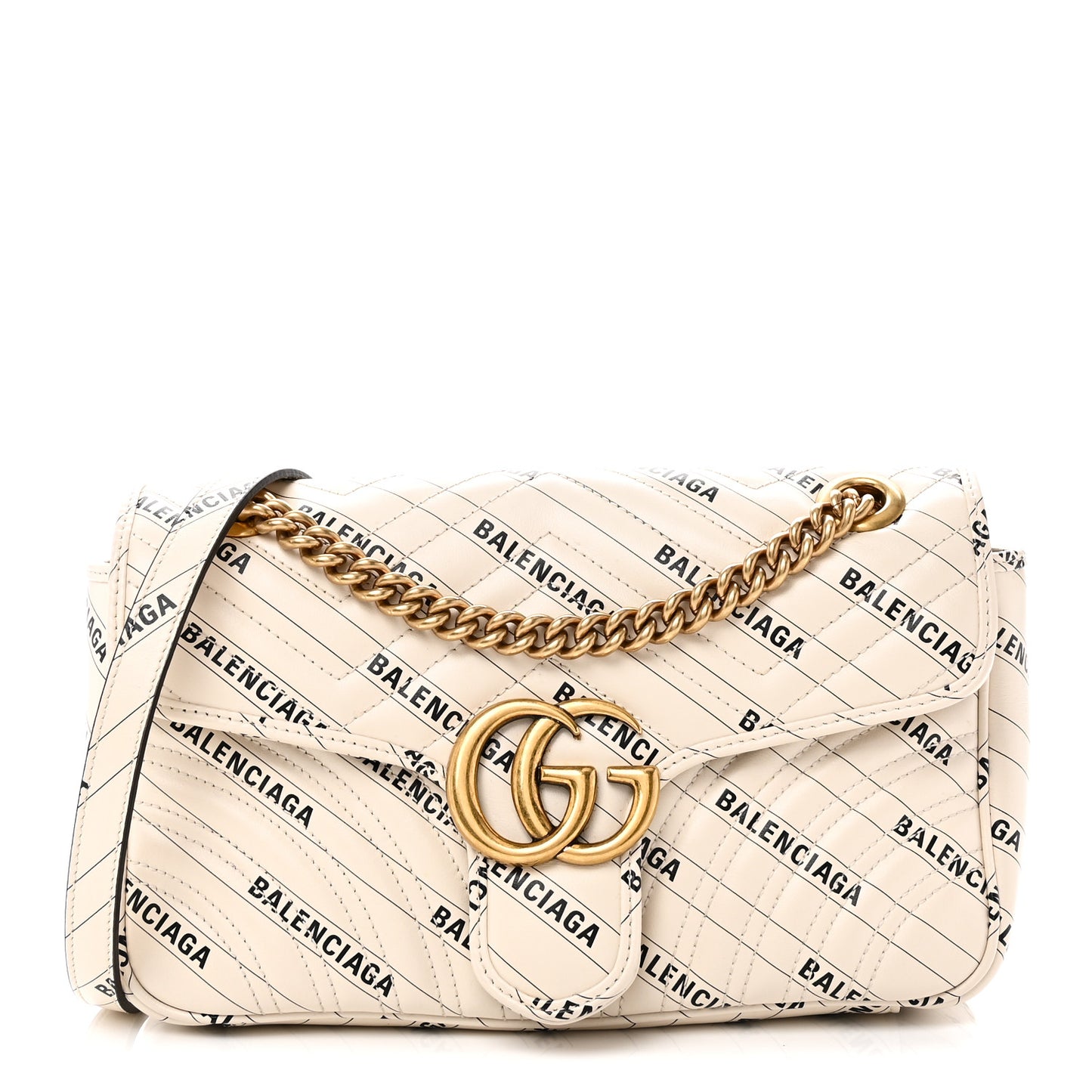 X BALENCIAGA Calfskin Matelasse Logo Print Small GG Marmont Shoulder Bag White