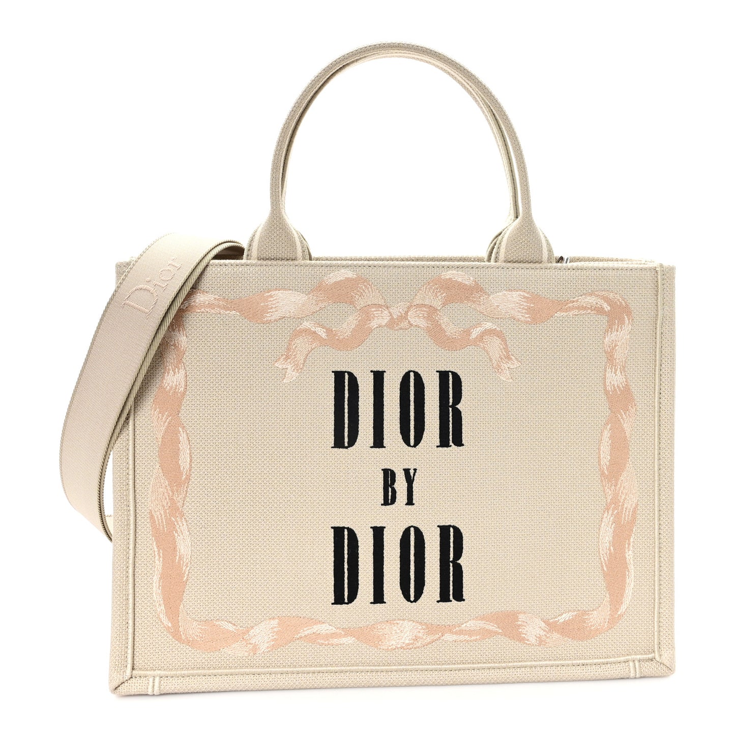 Canvas Embroidered Medium Book Tote With Strap Beige Pink Black