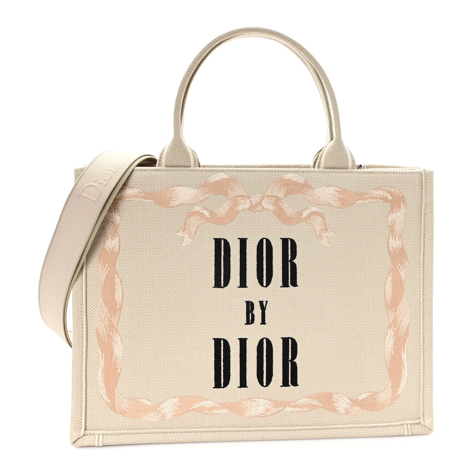Christian Dior Canvas Embroidered Medium Book Tote With Strap Beige Pink Black 1 of 10