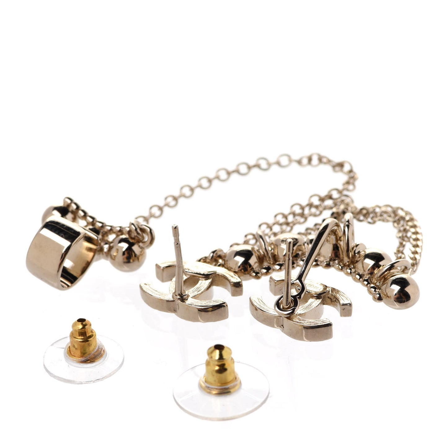 Metal Crystal CC Chain Cuff Earrings Gold