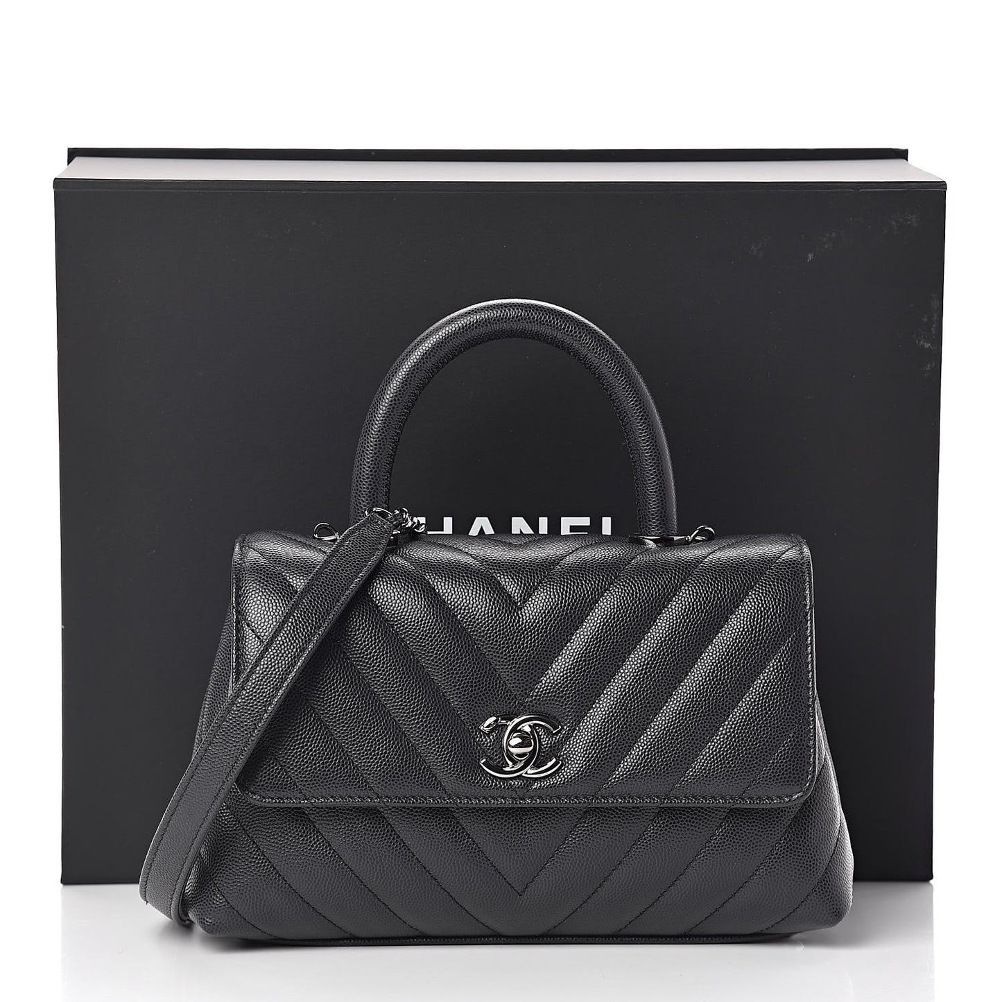 Caviar Chevron Quilted Mini Coco Handle Flap Dark Grey