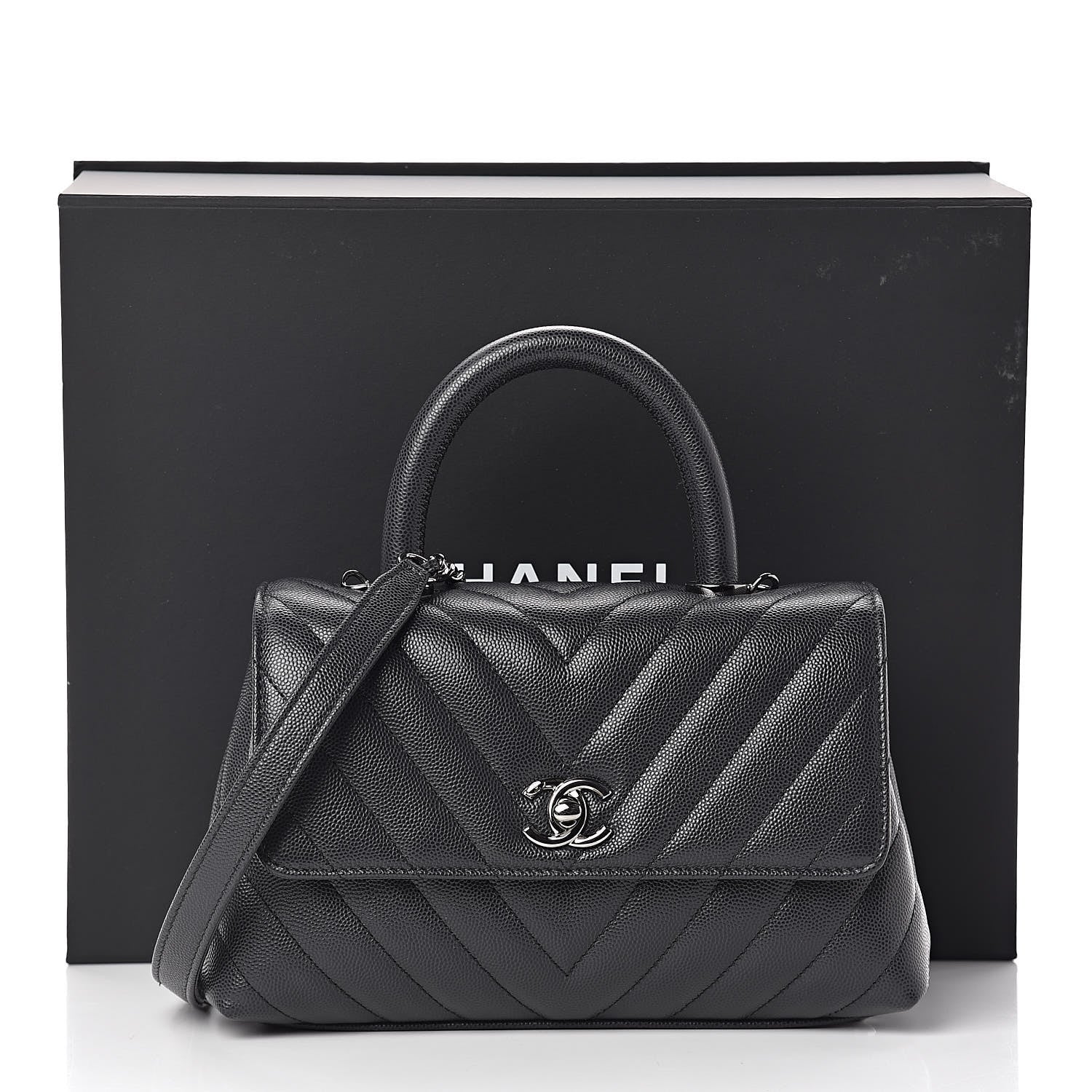 Chanel Caviar Chevron Quilted Mini Coco Handle Flap Dark Grey 12 of 12