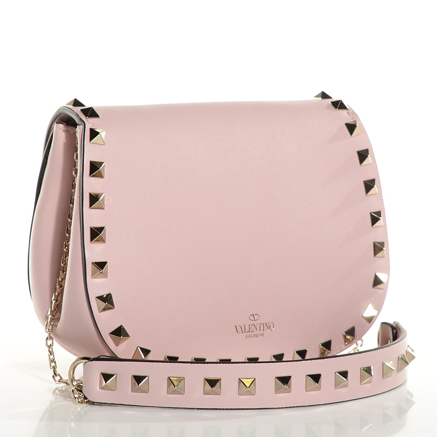 Calfskin Rockstud Crossbody Saddle Bag Water Rose