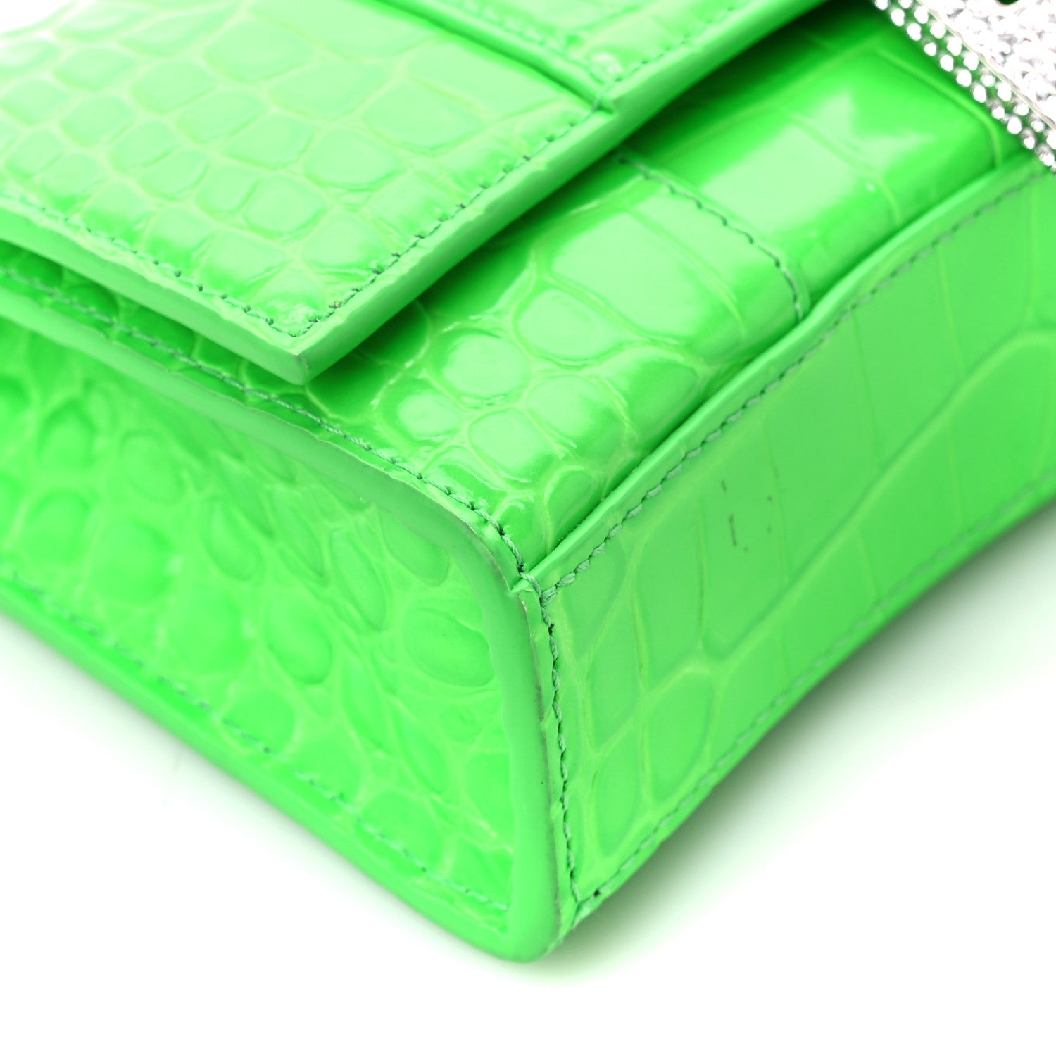 Balenciaga Shiny Calfskin Strass Crocodile Embossed Hourglass Chain Bag Fluo Green 8 of 10