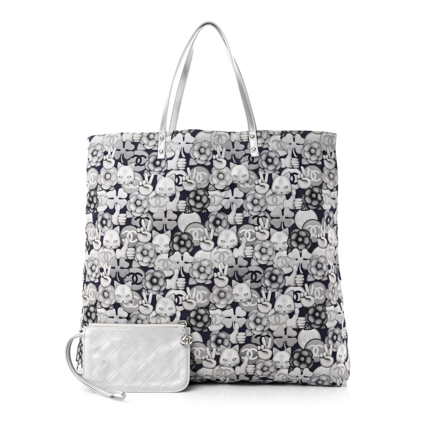 Nylon Cat Emoticon Tote Navy Silver
