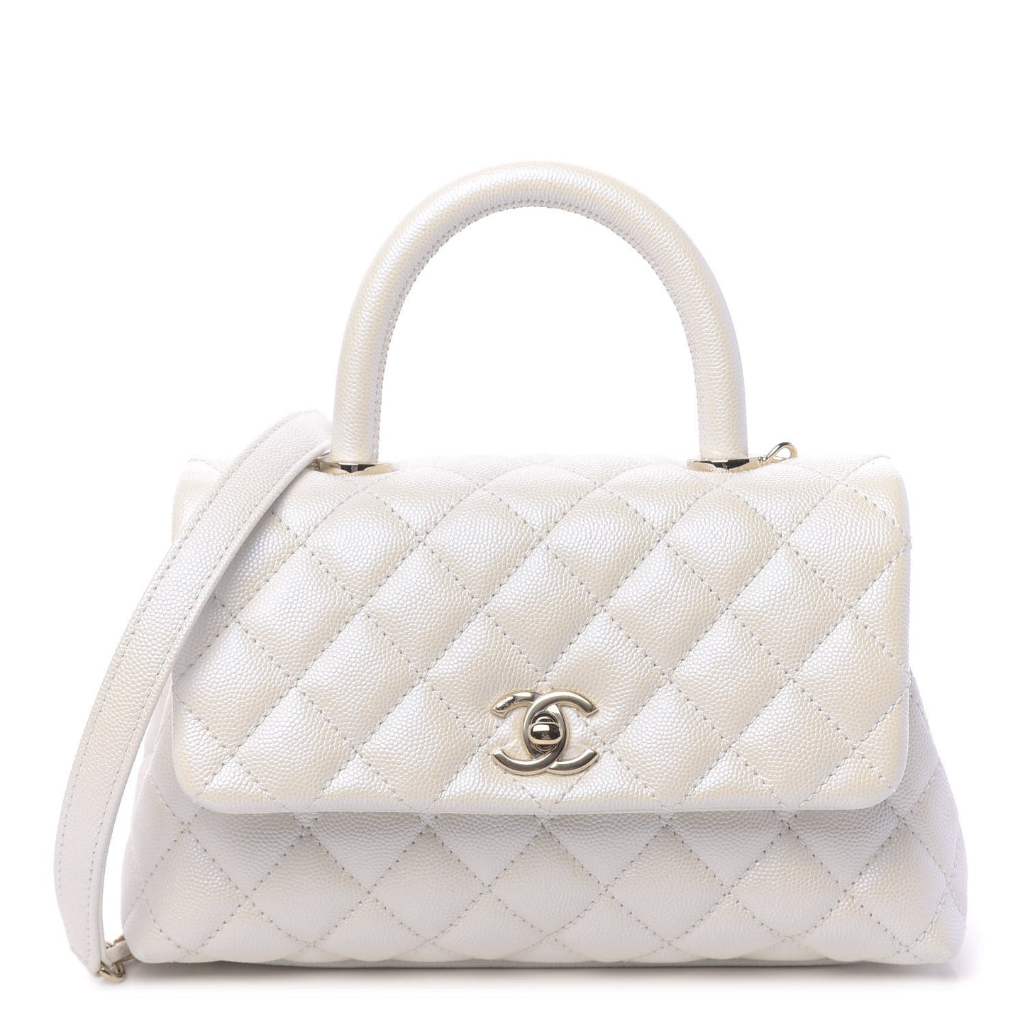 Iridescent Caviar Quilted Mini Coco Handle Flap White