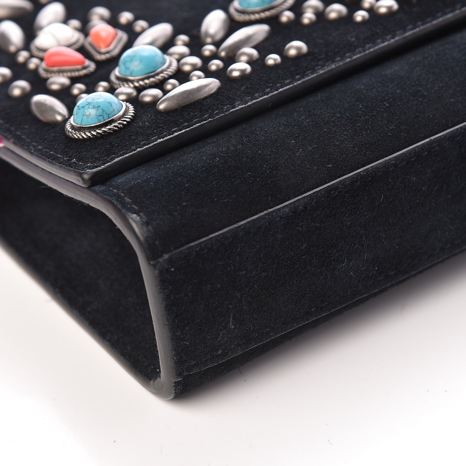 Saint Laurent Suede Small Monogram Stone Studded Kate Satchel Black Turquoise Coral 20 of 23