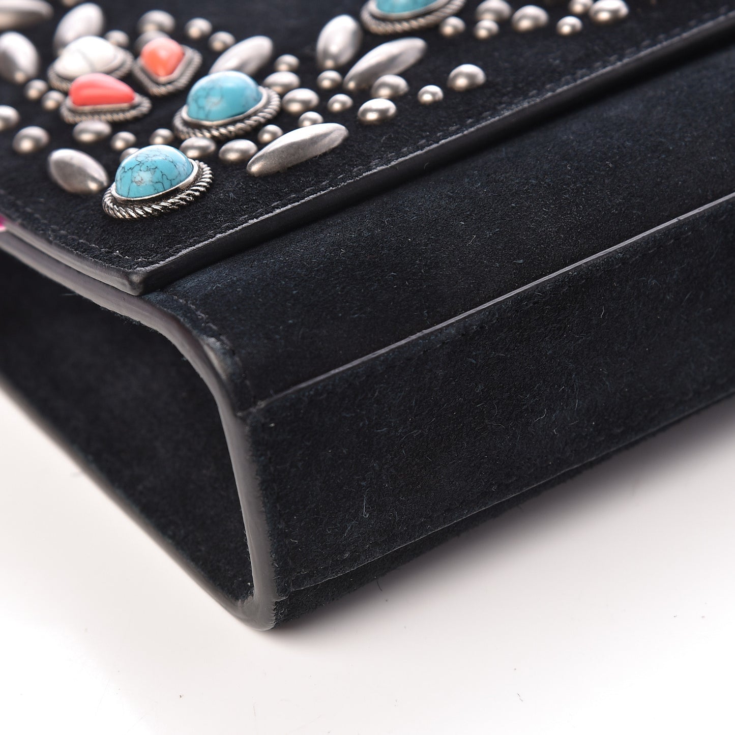 Suede Small Monogram Stone Studded Kate Satchel Black Turquoise Coral