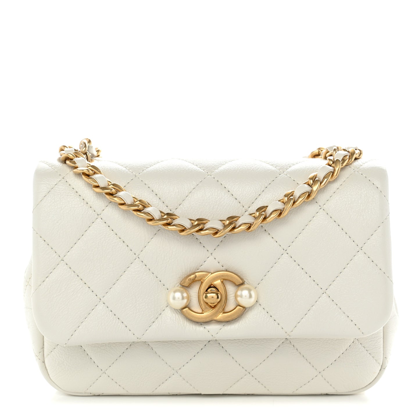 Glazed Calfskin Quilted Mini Pearl Side Flap White