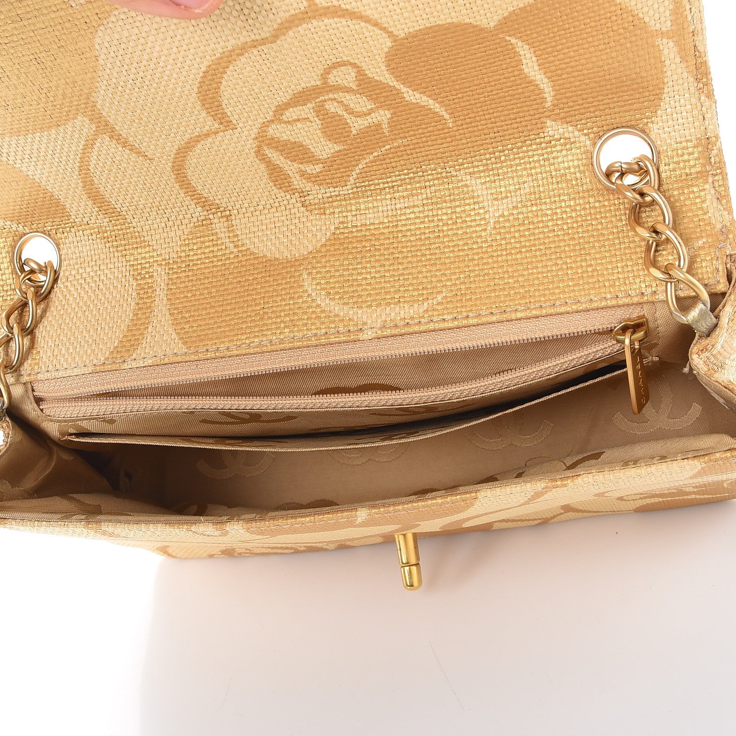 Chanel Woven Straw Camellia Print Medium Single Flap Gold 5 of 8