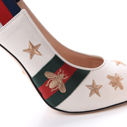 Gucci Malaga Kid Web Bee Star Embroidered Sylvie High Heel Slingback Pumps 40 White 11 of 12