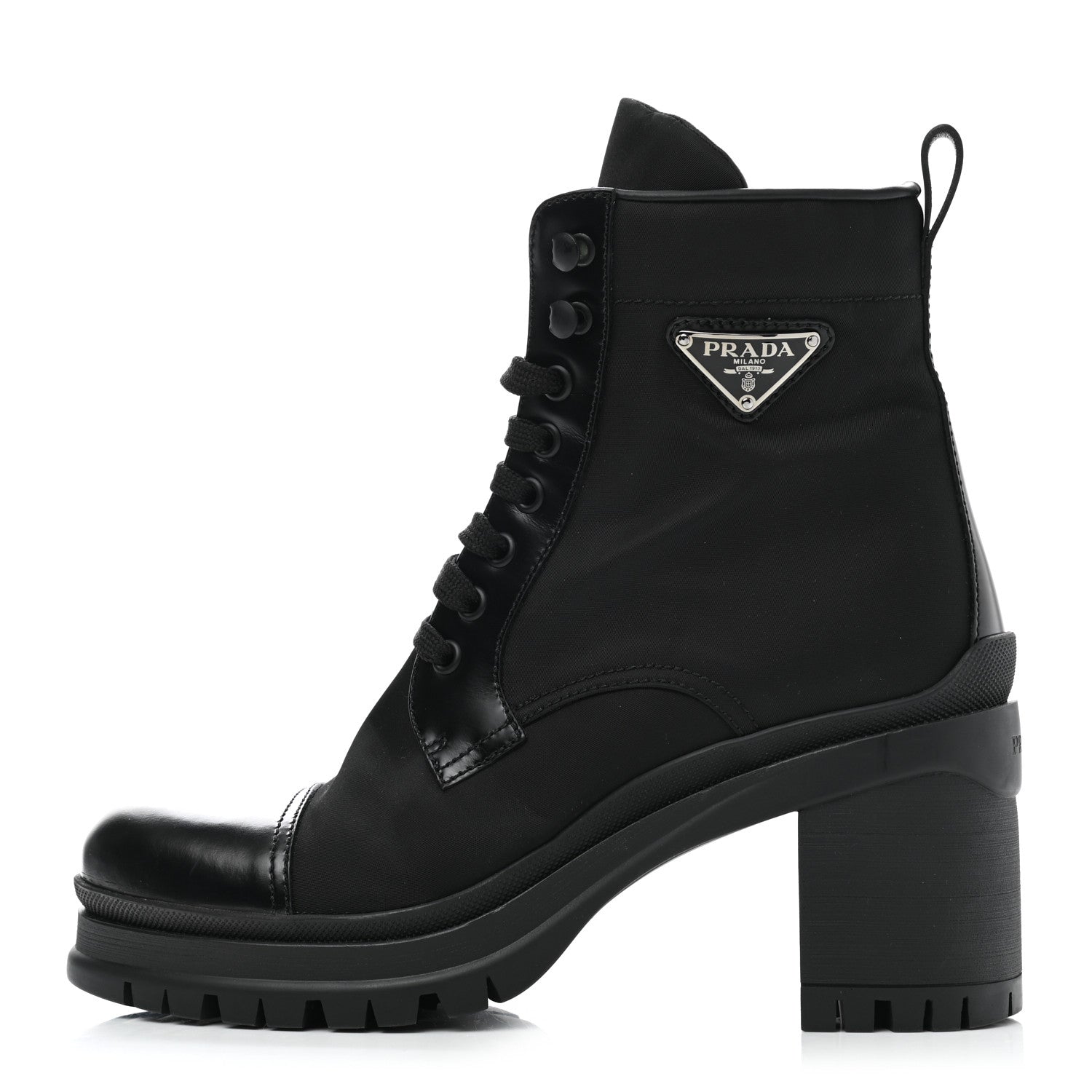 Prada Spazzolato Re-Nylon Metal Triangle Logo Lace Up 85mm Boots 38 Black 1 of 9
