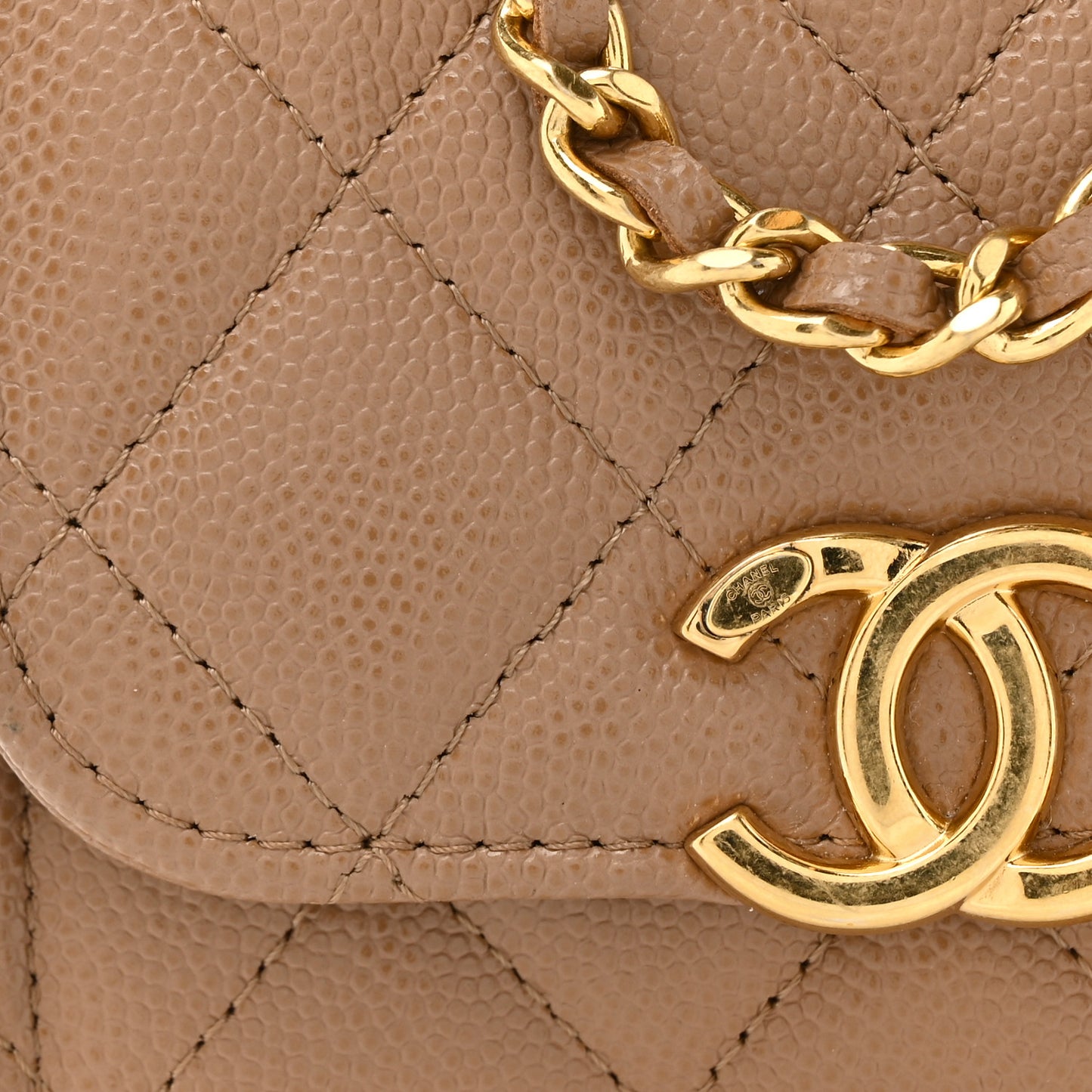 Caviar Quilted Coco First Clutch With Chain Beige