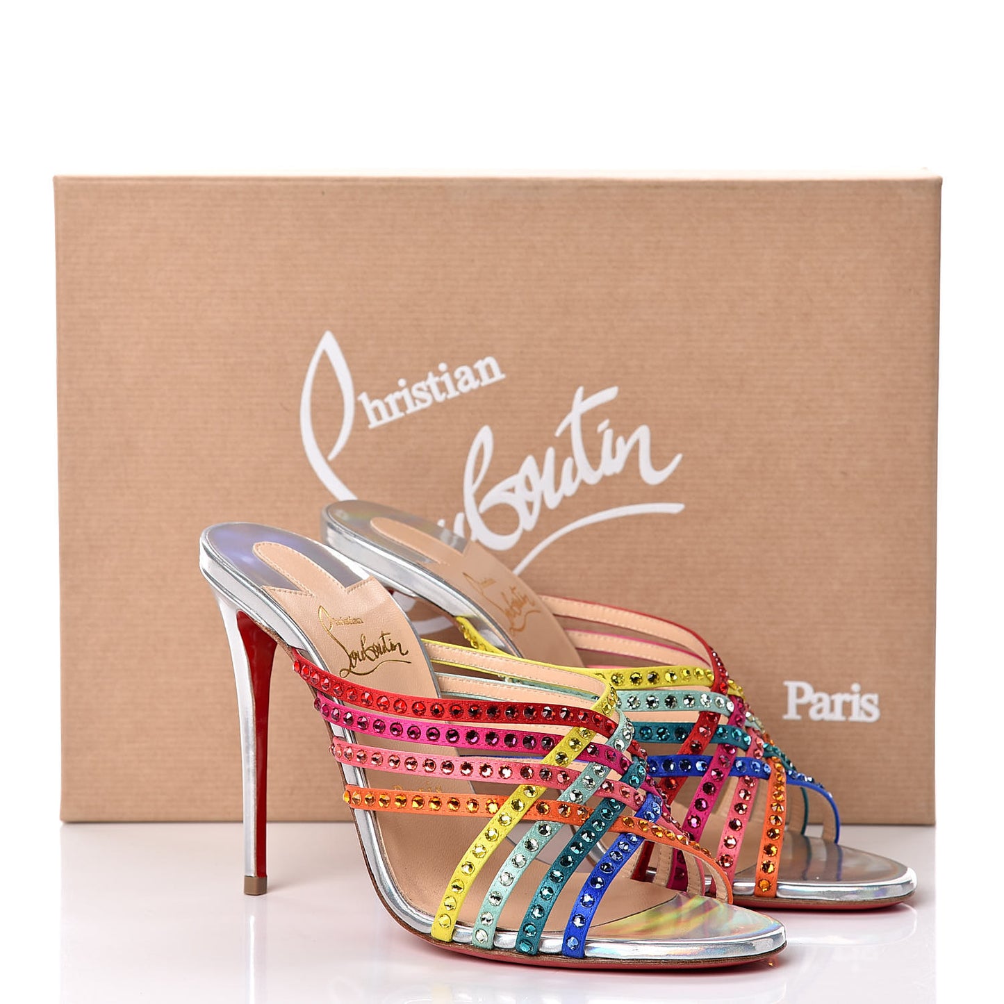 Specchio Calfskin Crystal Marthastrass 100 Slide Sandals 37 Silver Multicolor