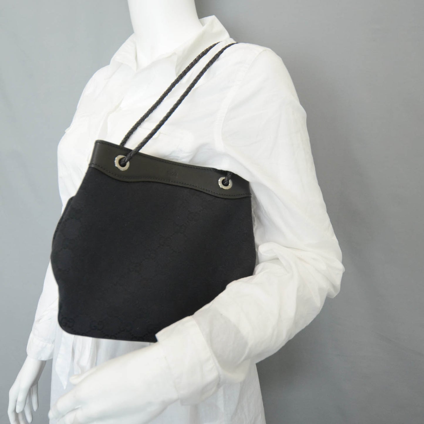 Canvas Monogram Woven Handle Tote Black