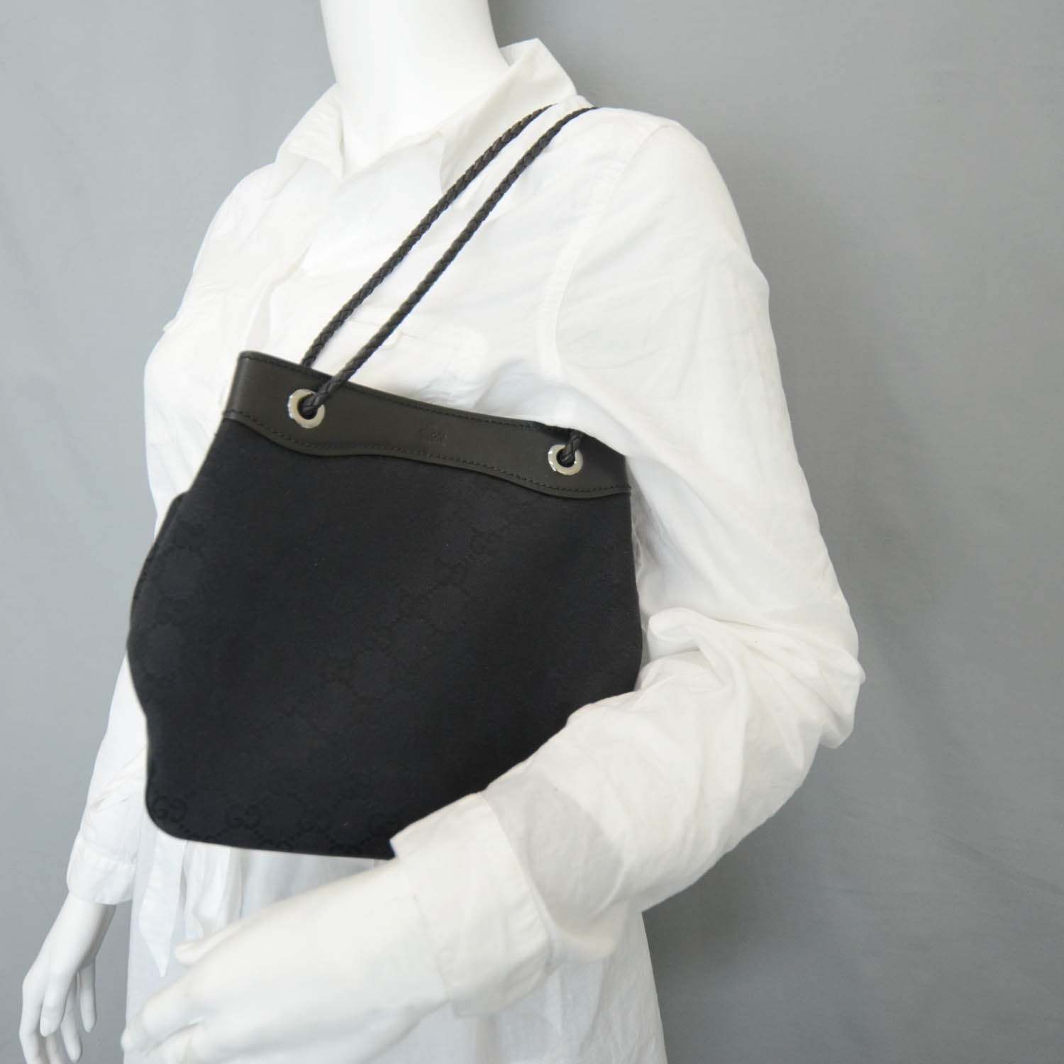 Gucci Canvas Monogram Woven Handle Tote Black 2 of 9