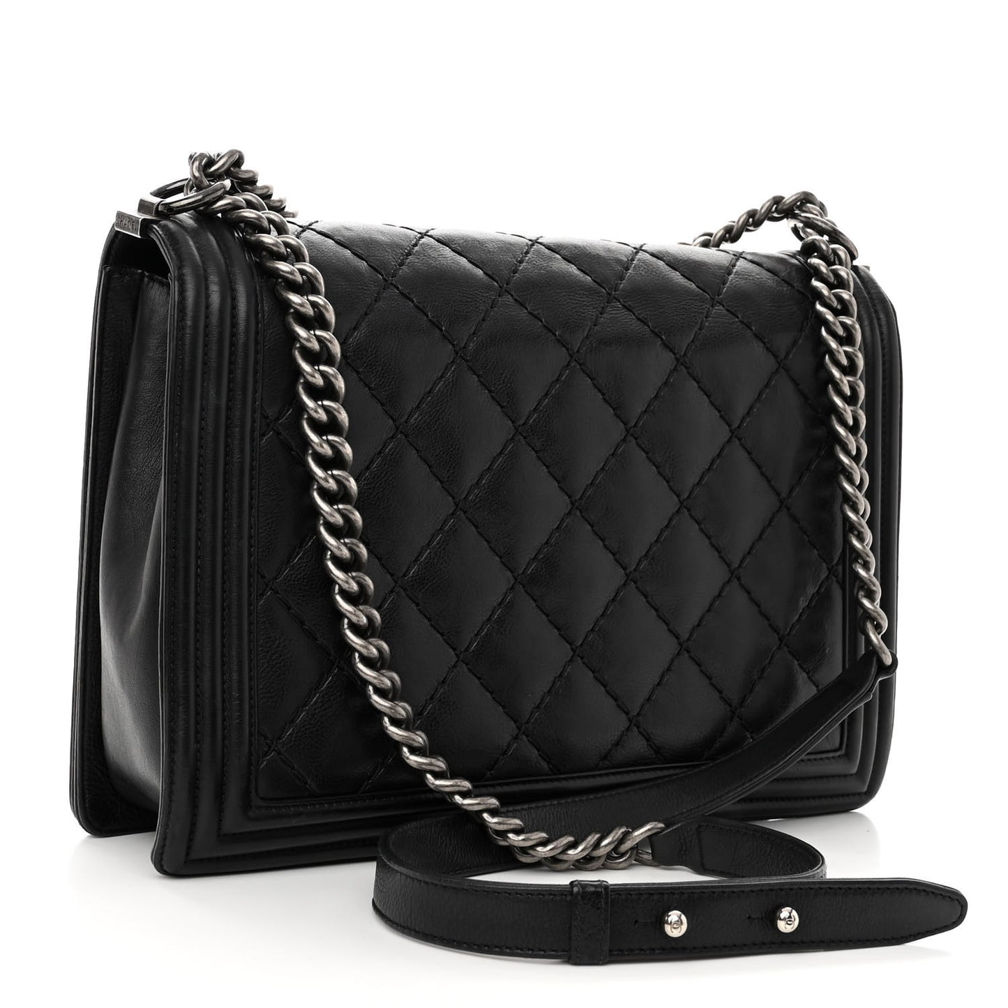 Calfskin Double Stitch Large Boy Flap Black