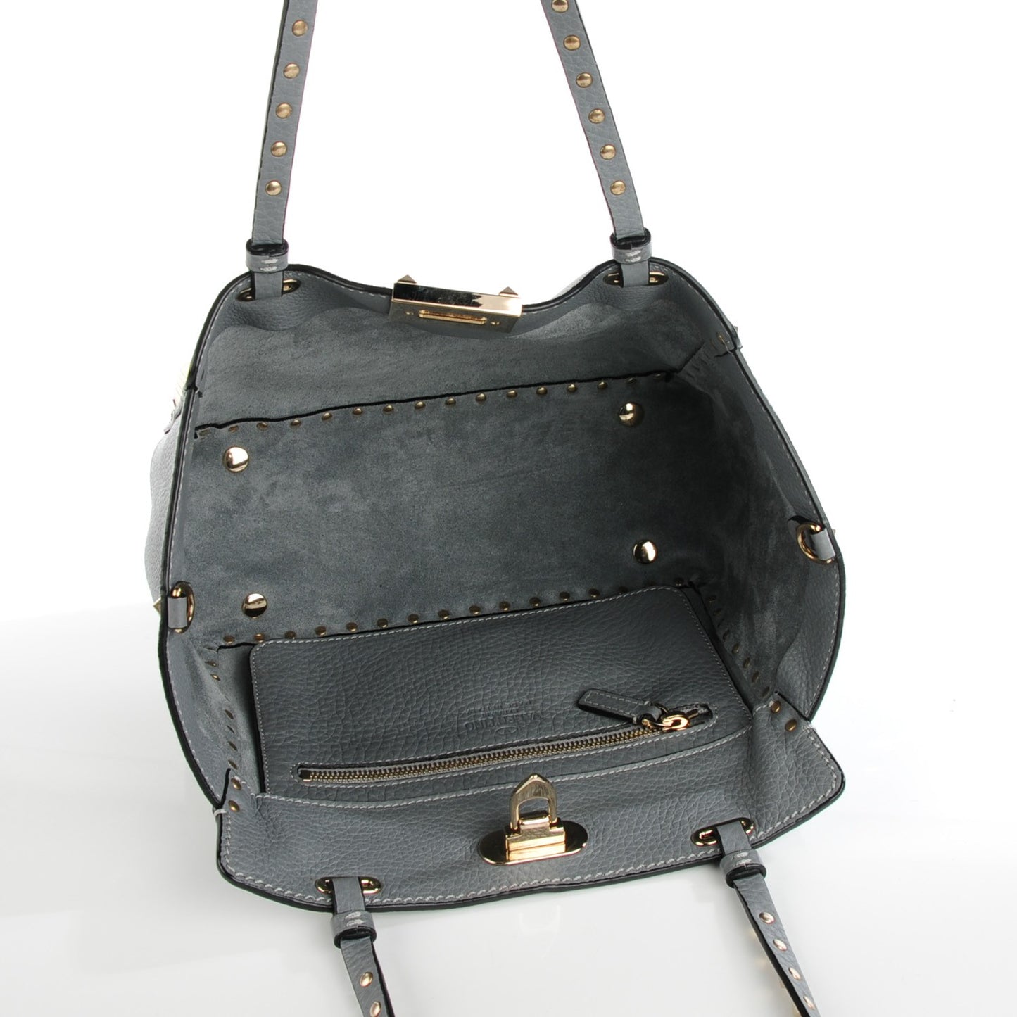 Grained Calfskin Small Rockstud Tote Grey