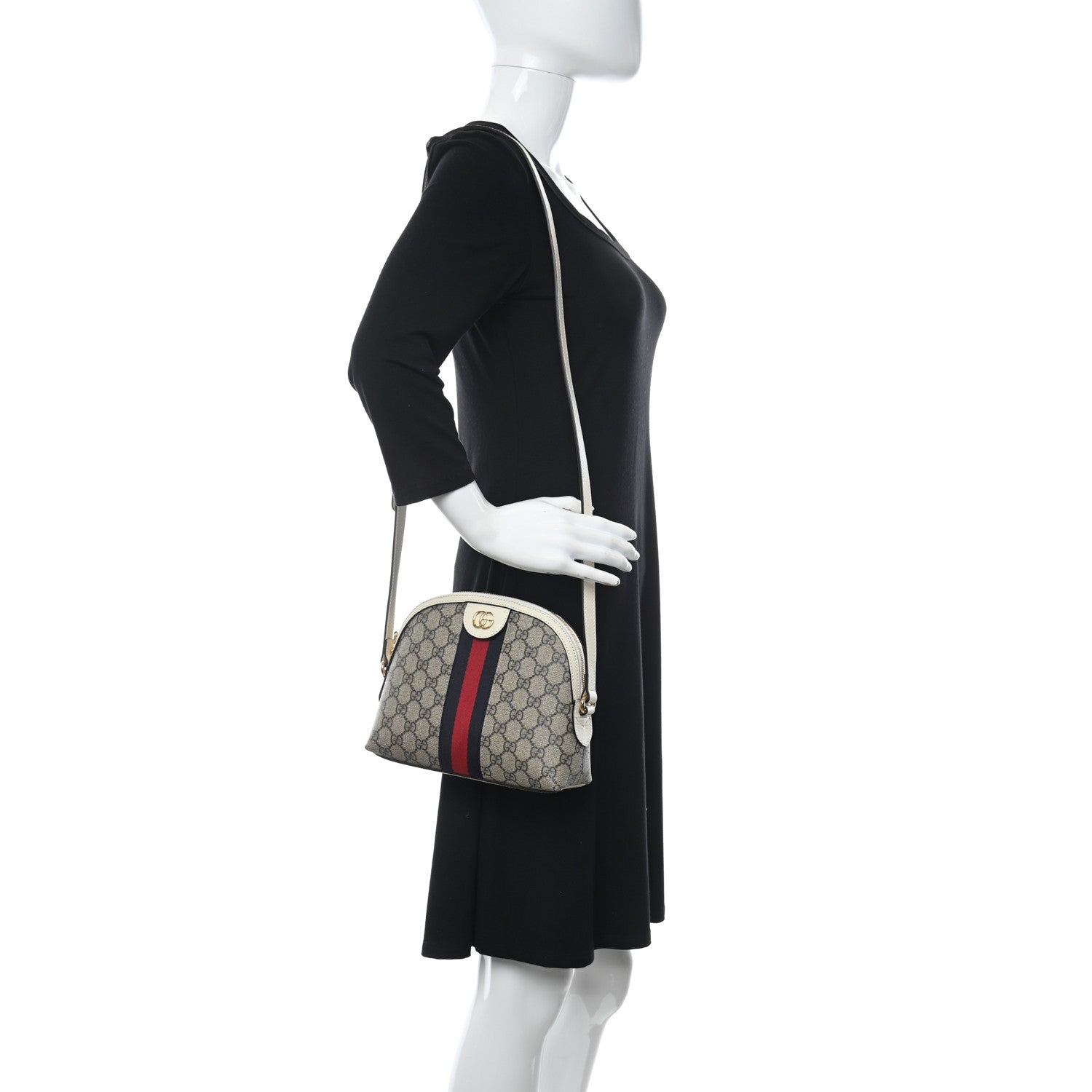 Gucci GG Supreme Monogram Textured Dollar Calfskin Web Small Ophidia Dome Shoulder Bag Beige Ebony Mystic White 2 of 11