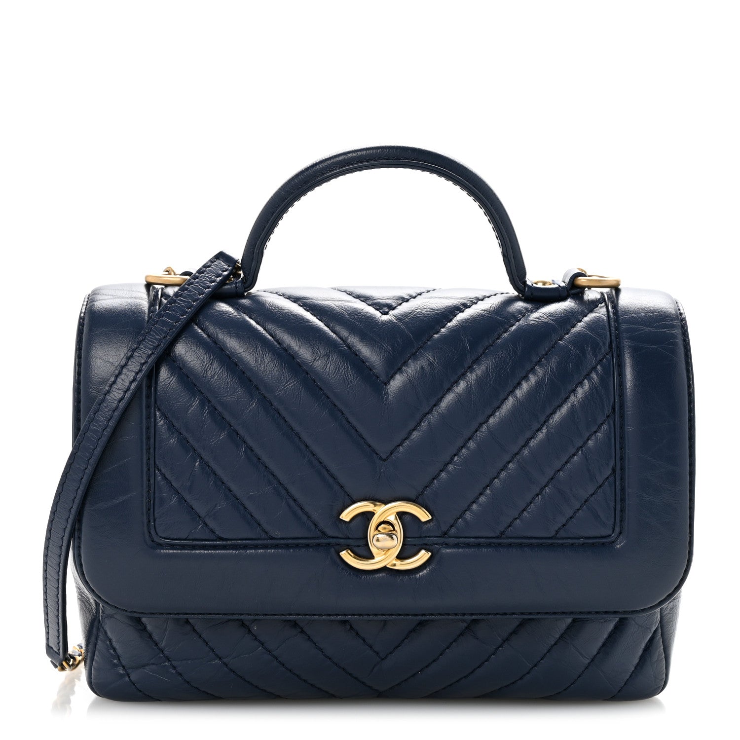 Chanel Calfskin Chevron Quilted Top Handle Flap Navy 1 of 13