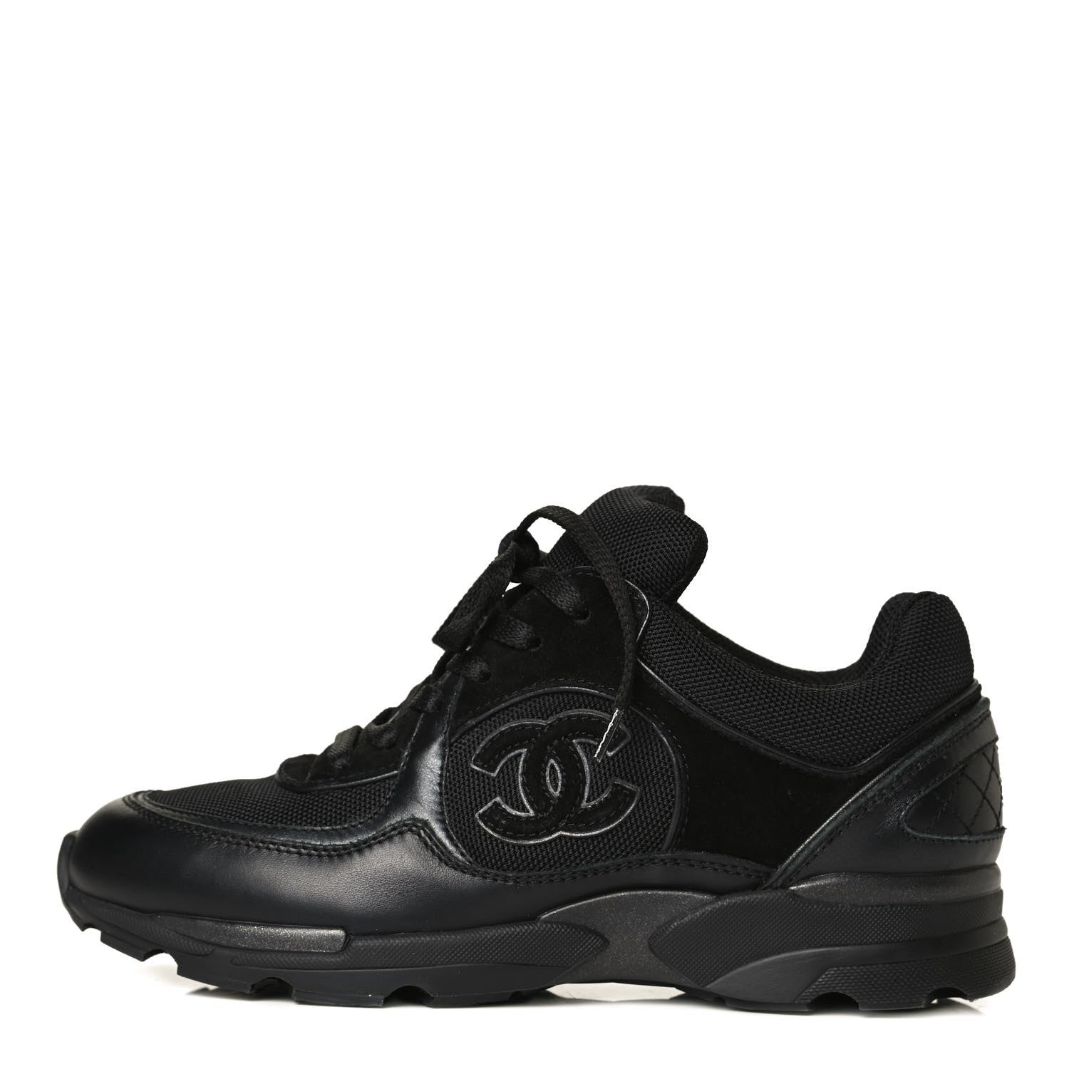 Chanel Canvas Suede Calfskin Womens CC Sneakers 37.5 Black 1 of 8