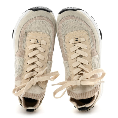 Chanel Knit Fabric Suede Calfskin Womens CC Sneakers 37 Ivory 2 of 10