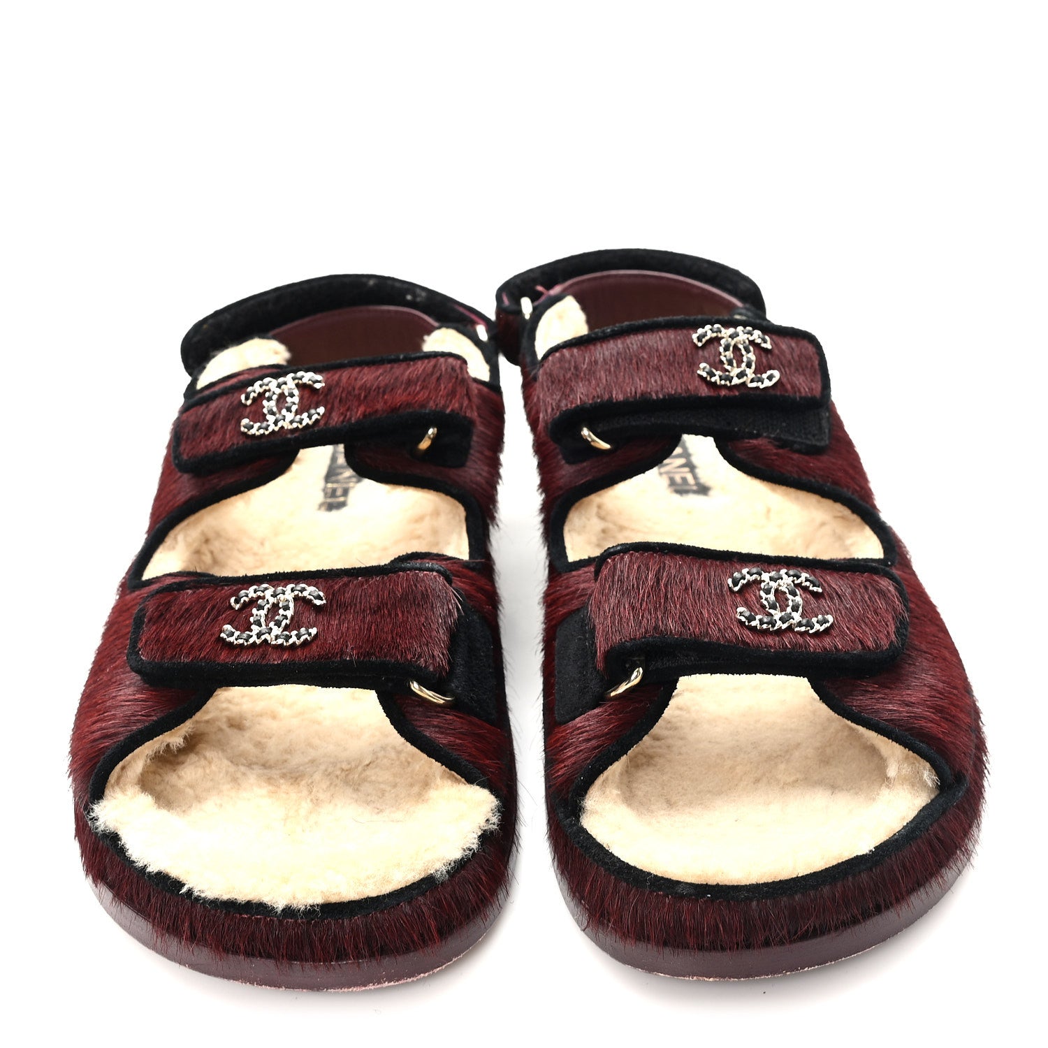 Chanel Calf Hair Suede Shearling Dad Sandals 37.5 Burgundy Black 3 of 9