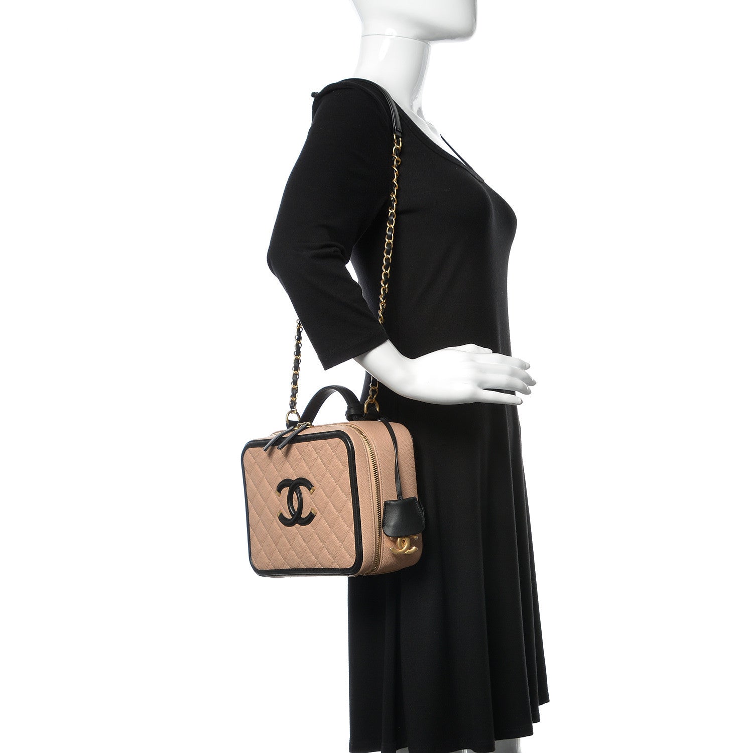 Chanel Caviar Quilted Large CC Filigree Vanity Case Beige Black 2 of 11