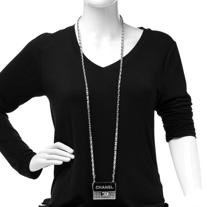 Chanel Metal Lambskin Strass Crystal Purse CC Long Necklace Silver 2 of 6
