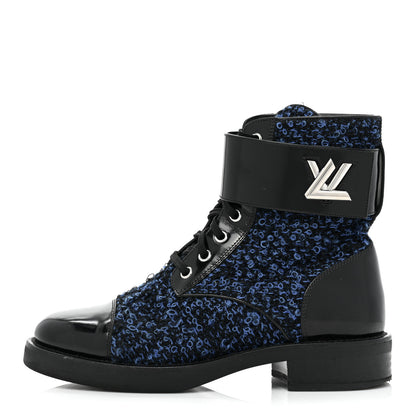 Louis Vuitton Tweed Calfskin Wonderland Ranger Boots 37.5 Blue Black 1 of 15