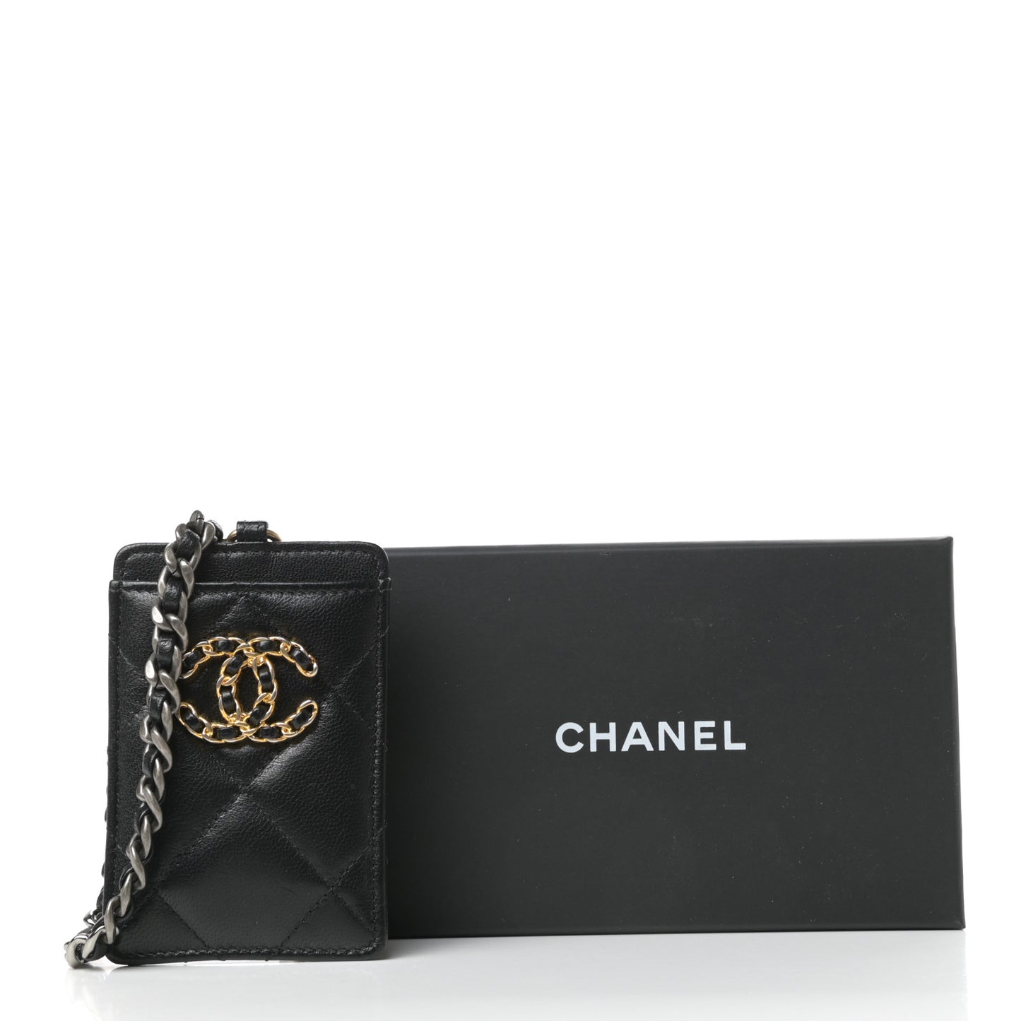 Goatskin Quilted Chanel 19 Card Holder On Chain Black