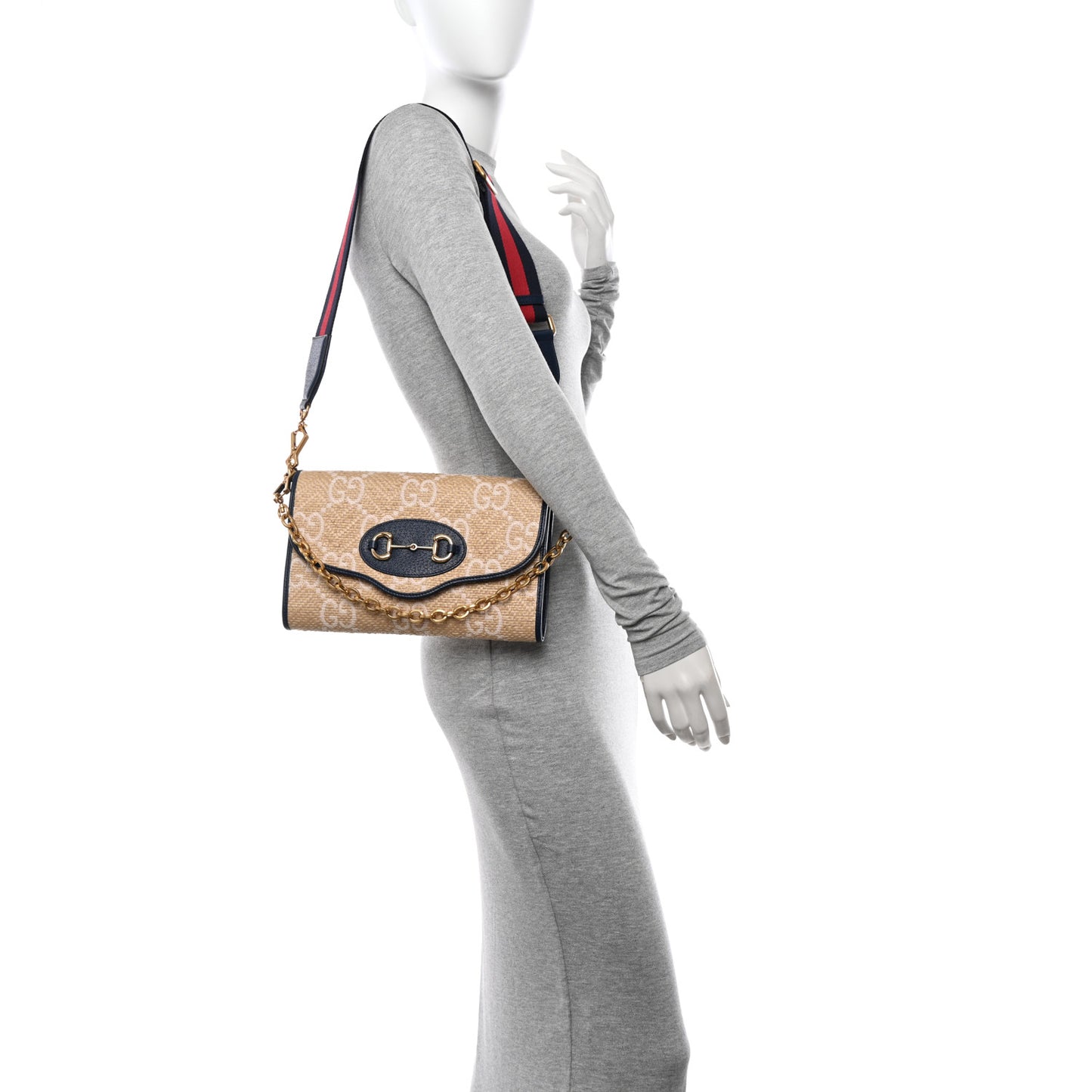 Raffia Textured Dollar Calfskin GG Monogram Web Small Horsebit 1955 Crossbody Bag