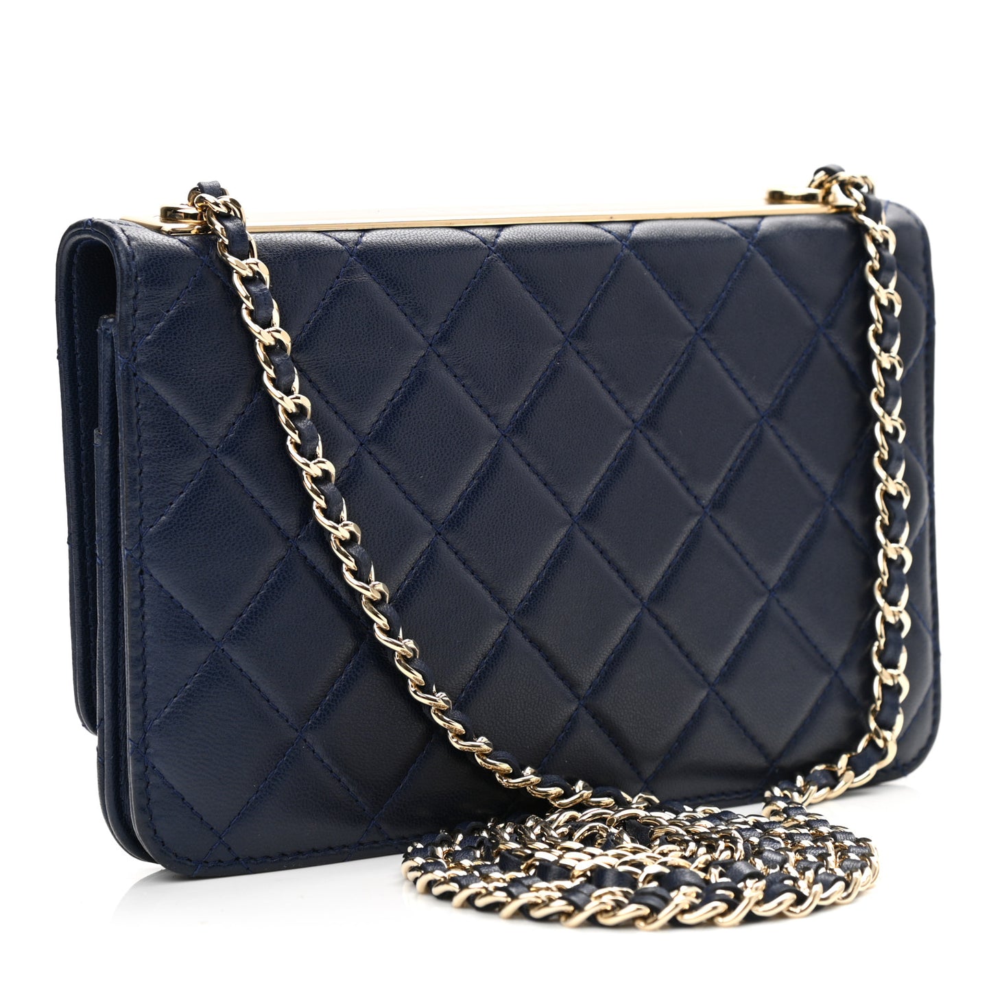 Lambskin Quilted Trendy CC Wallet On Chain WOC Navy
