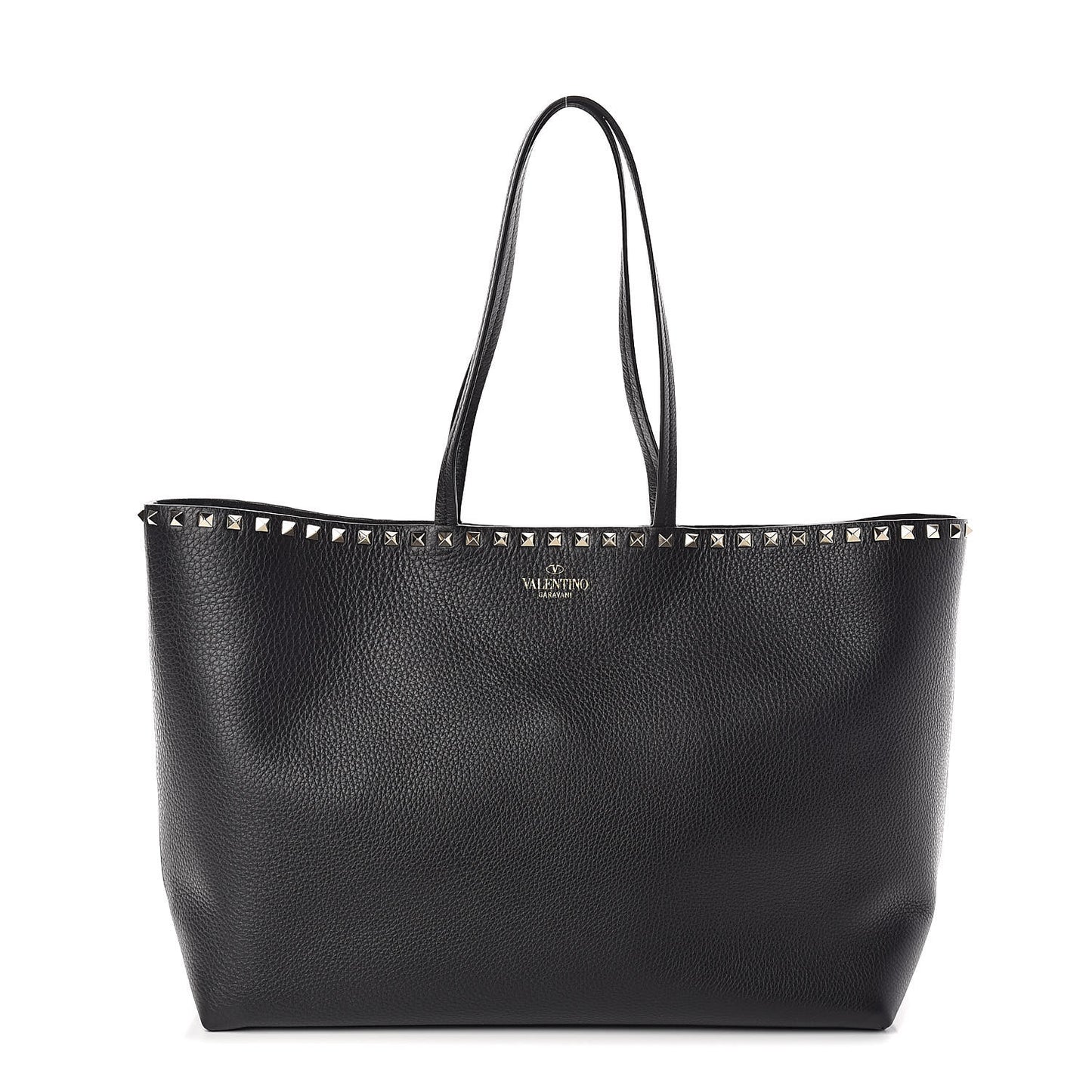 Grained Calfskin Rockstud Shoulder Tote Black