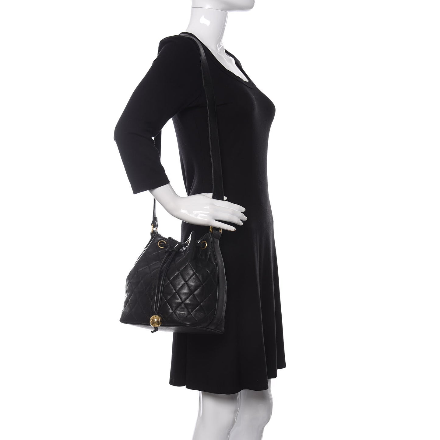 Lambskin Quilted Drawstring Shoulder Bag Black