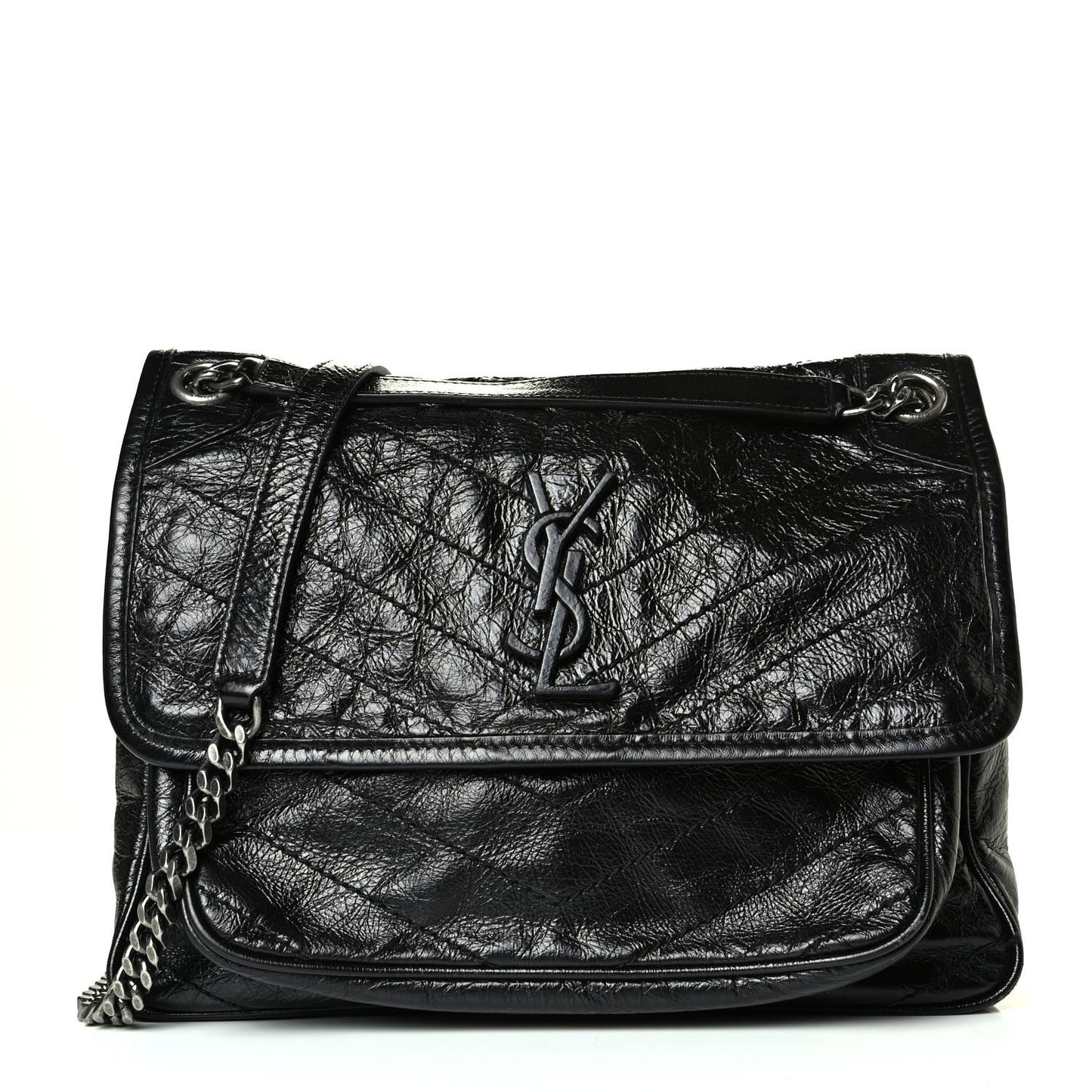 Crinkled Calfskin Matelasse Monogram Medium Niki Chain Satchel Black