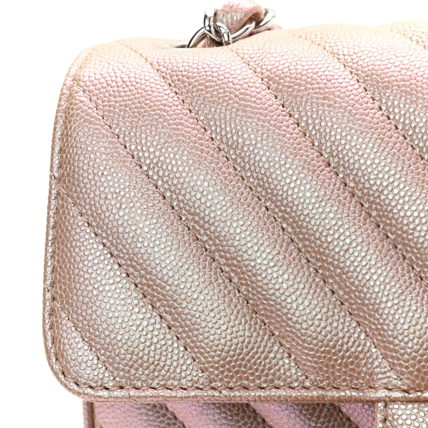 Iridescent Caviar Chevron Quilted Mini Rectangular Flap Light Gold
