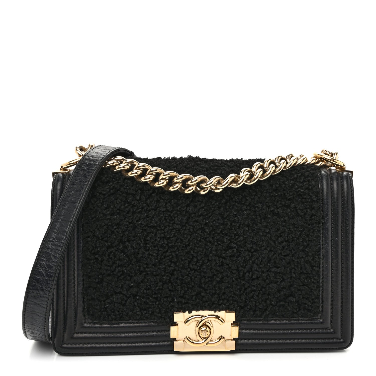 Chanel Shearling Sheepskin Medium Boy Flap Black 1 of 11