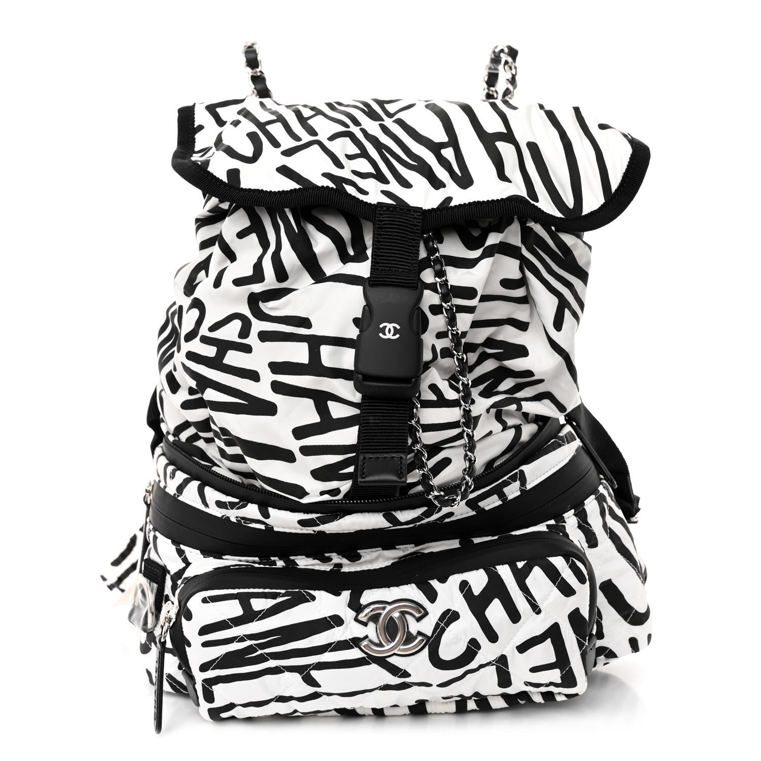 Chanel Nylon Printed Quilted Coco Neige Convertible Backpack Black White 1 of 10