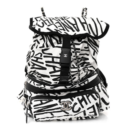Chanel Nylon Printed Quilted Coco Neige Convertible Backpack Black White 1 of 10