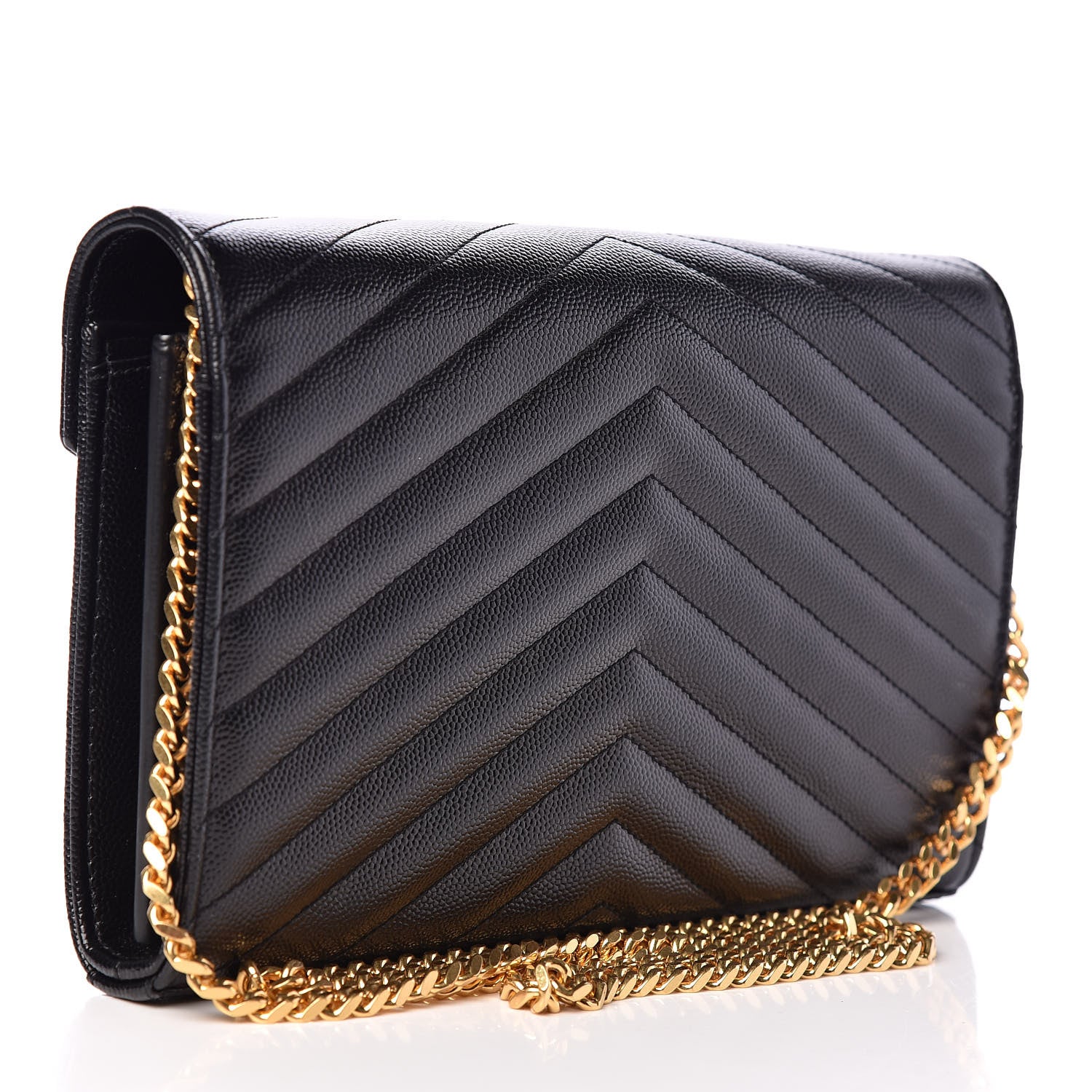 Saint Laurent Grain De Poudre Matelasse Chevron Monogram Chain Wallet Black 3 of 9