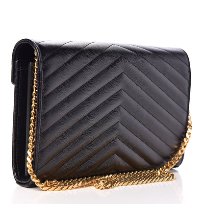 Saint Laurent Grain De Poudre Matelasse Chevron Monogram Chain Wallet Black 3 of 9