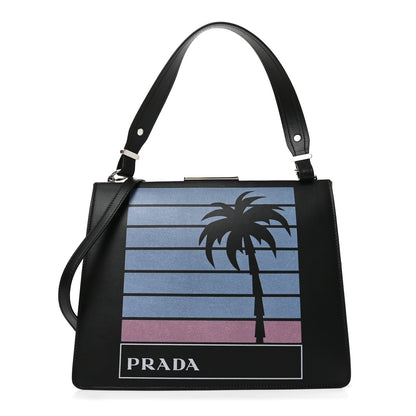 Prada City Calfskin Palm Tree Print Light Frame Bag Black Mare 1 of 9