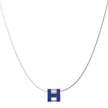 Hermes Lacquered Palladium Cage d'H Pendant Necklace Royal Bleu 1 of 5