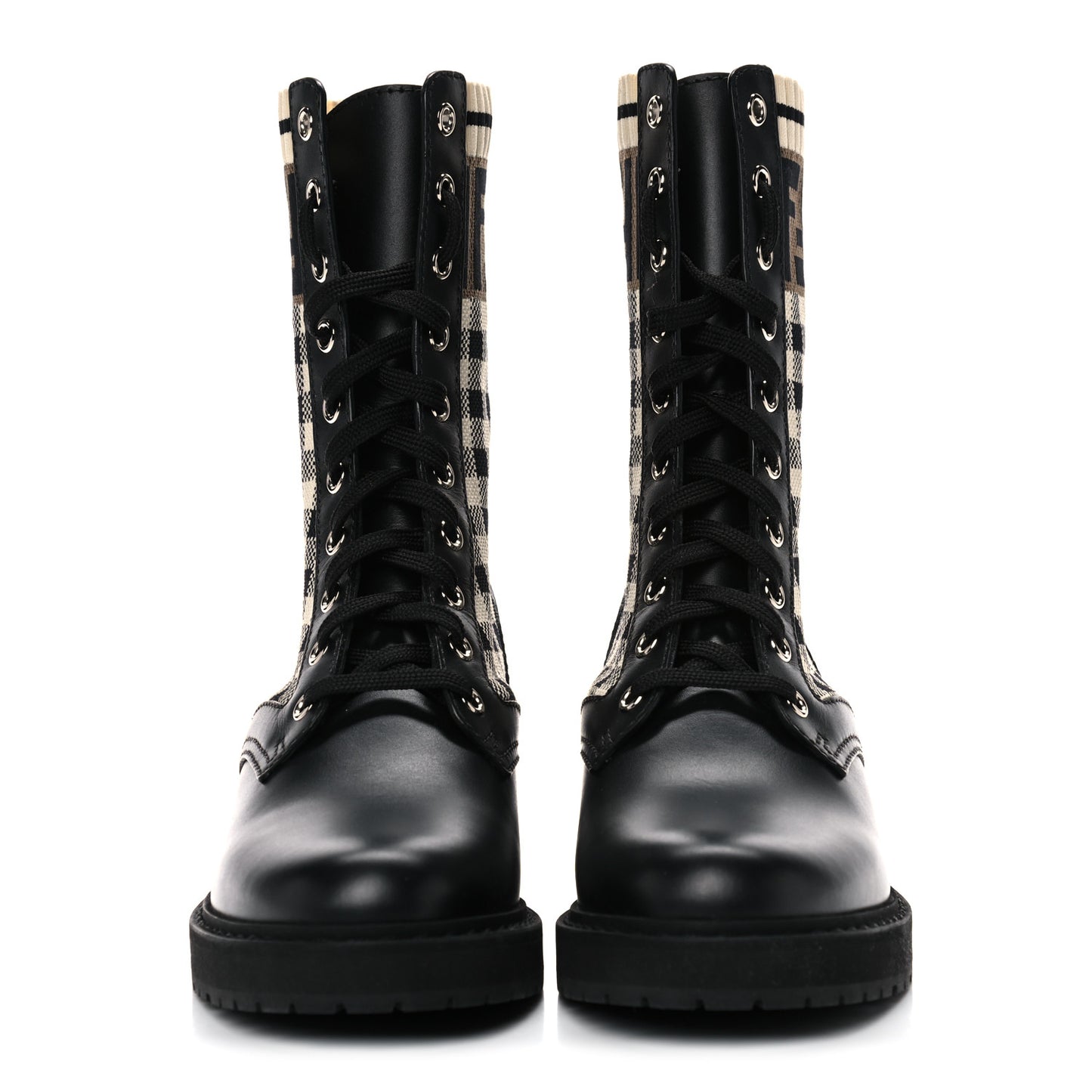 Vitello Stretch Fabric FF Vichy Rockoko Biker Boots 36 Black Crema Tobacco